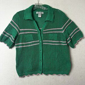 Cotton‎ Emporium sweater sz L crochet open knit Green pink short slv Tennis Prep